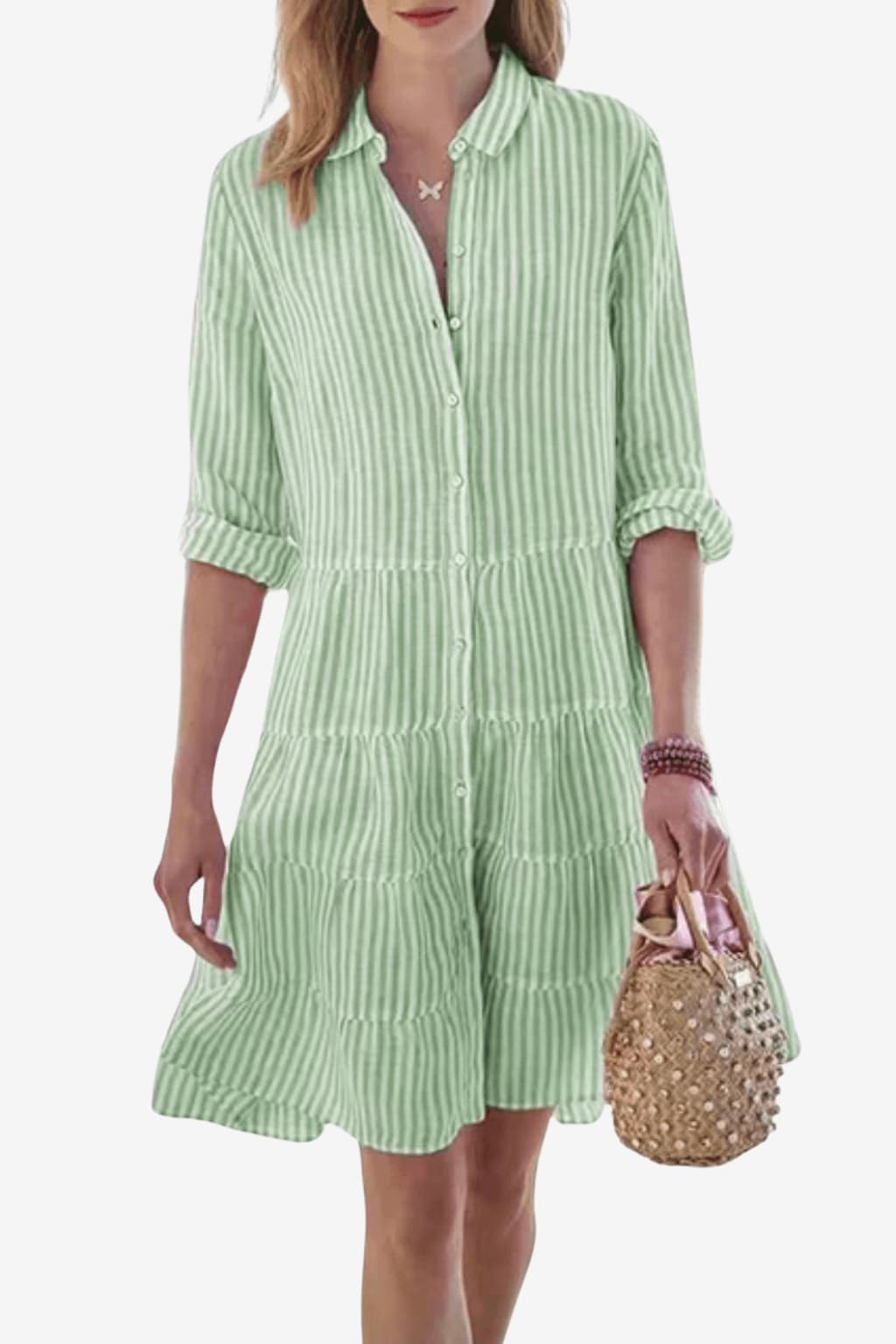 Women’s Striped Shirt Dress Button Up Knee Length Casual