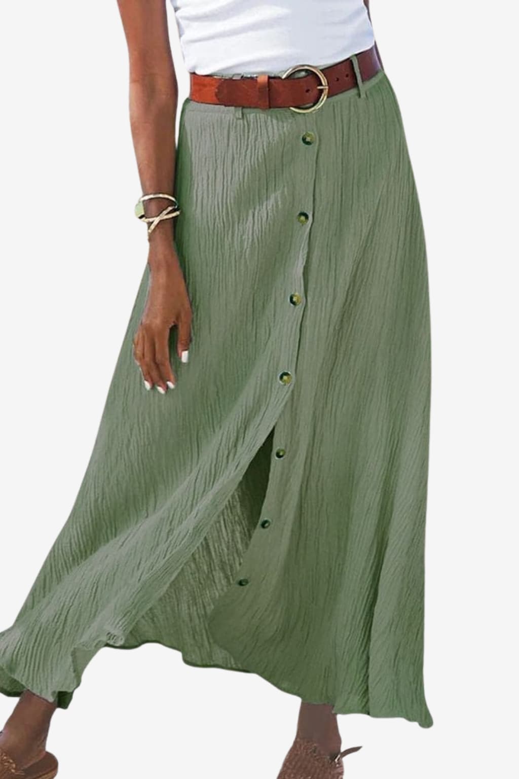 Women’s Maxi Skirt Sage Green Belted Button-Down Style