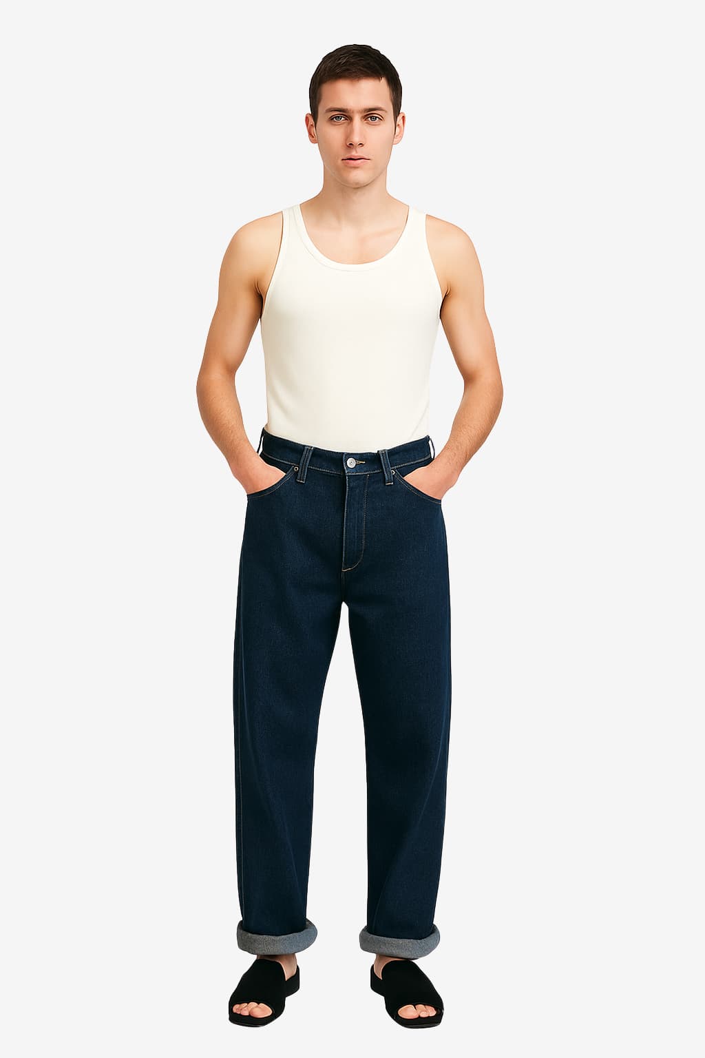 Men’s Wide Leg Baggy Jeans High Waist Dark Wash Denim