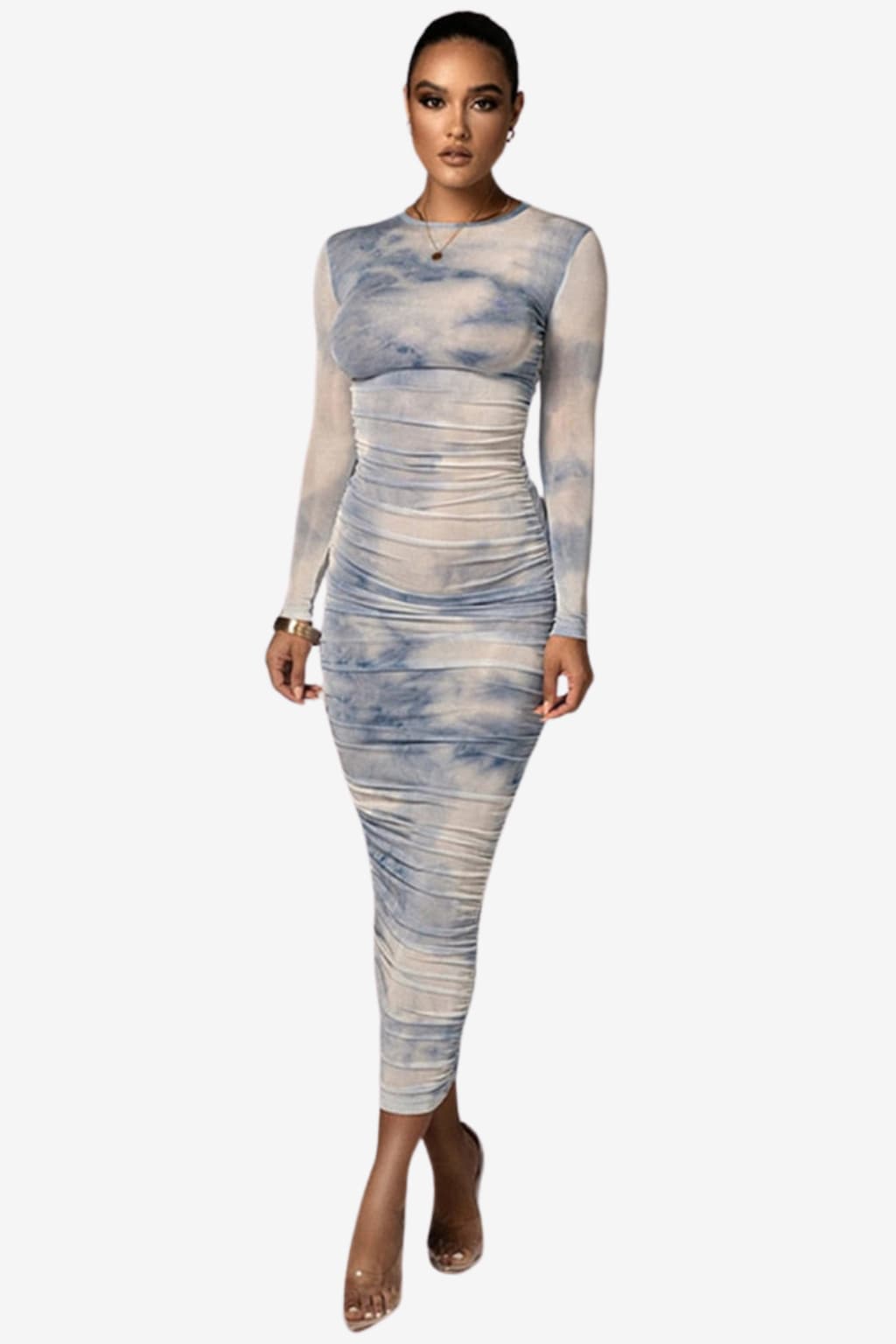 Women's Midi Ruched Long Sleeve Bodycon Dress