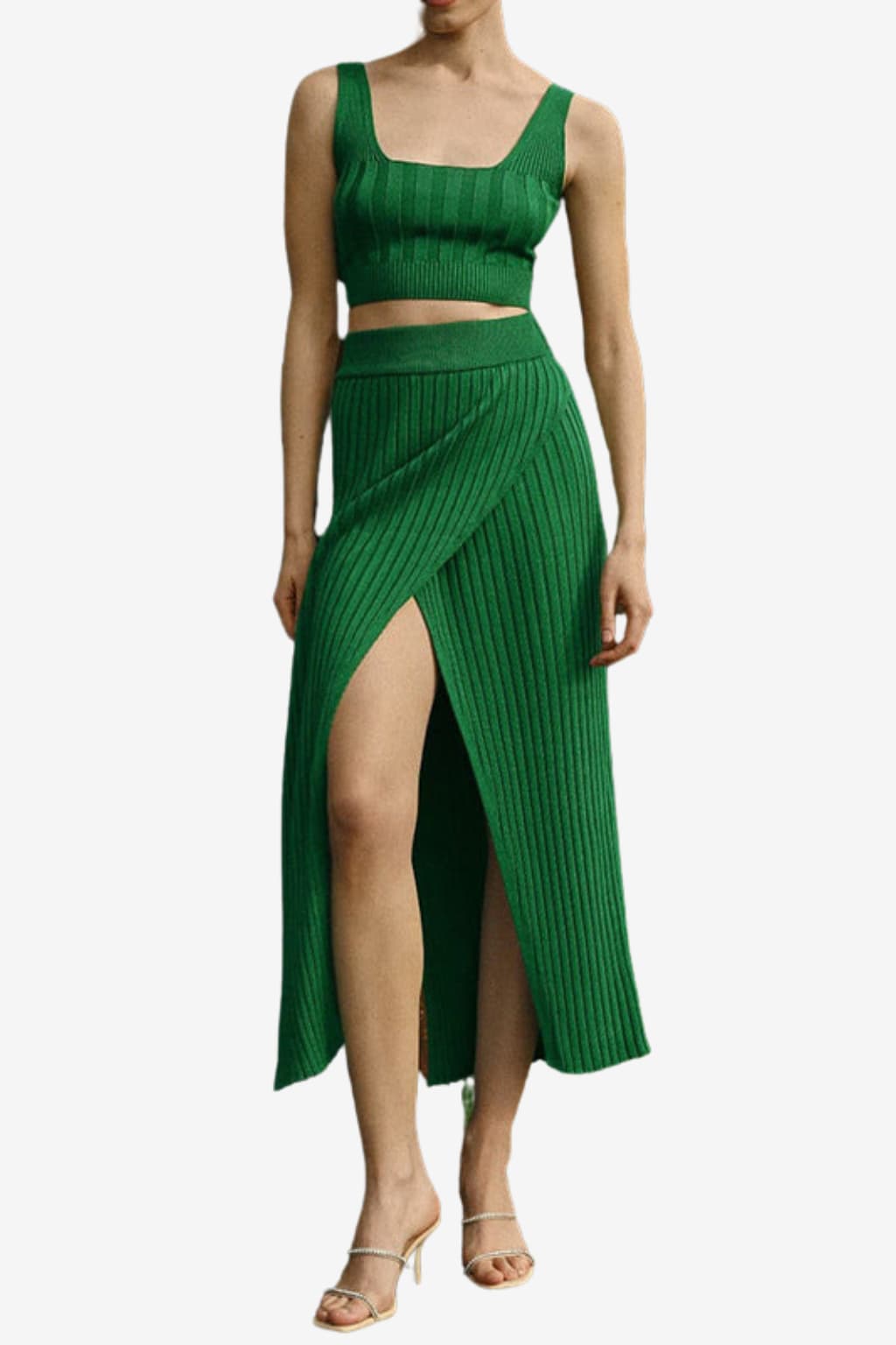 Women’s Ribbed Knit Midi Skirt Set High Waist Sleeveless