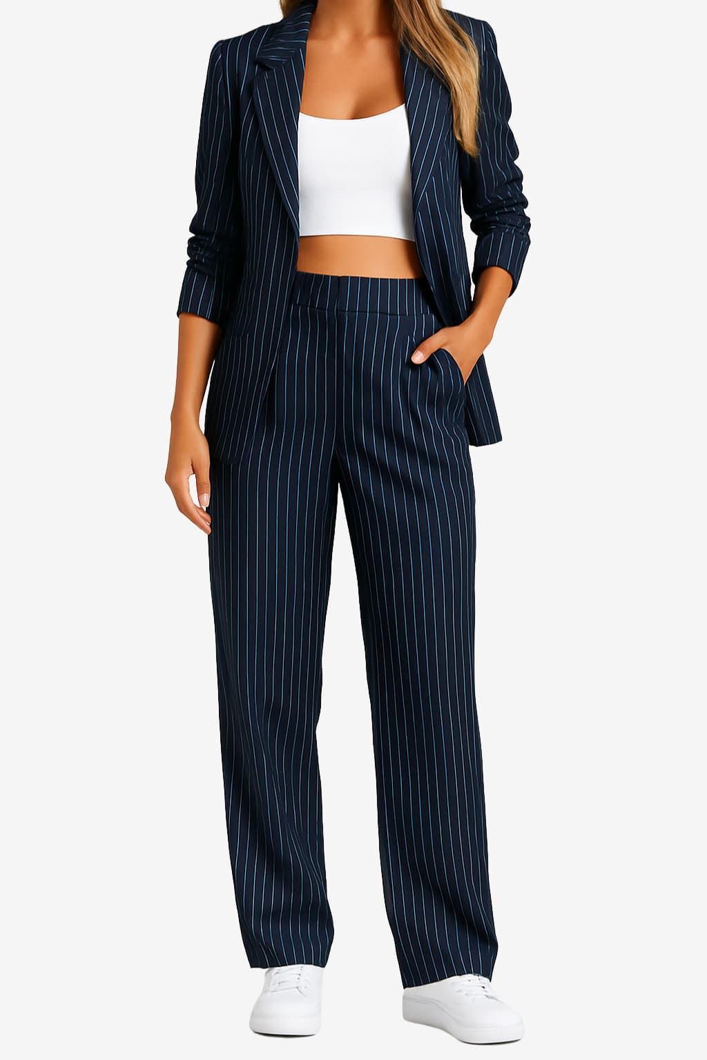 Women’s Pinstripe Lounge Suit Set Blazer Wide Leg Trousers