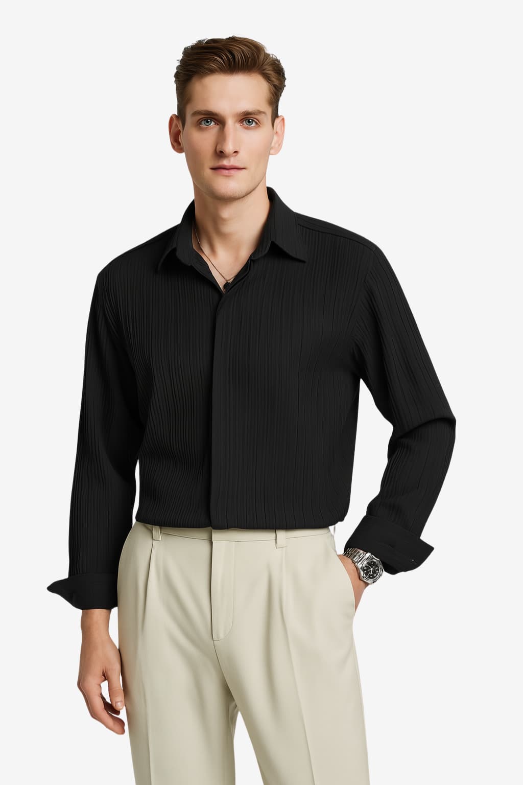 Men’s Striped Long Sleeve Shirt Button-Up Slim Fit