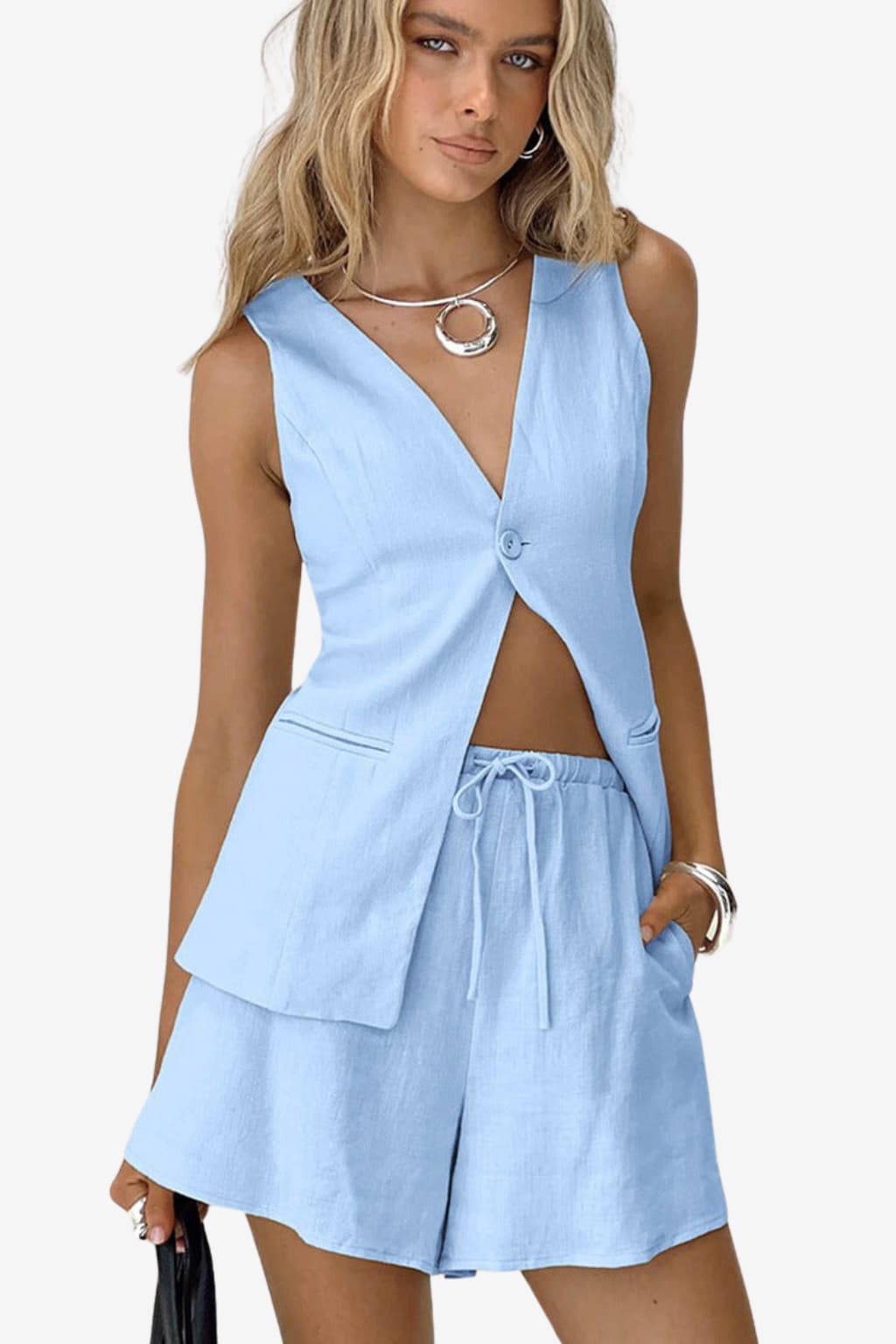 Women’s Sleeveless V-Neck Summer Shorts Two-Piece Set
