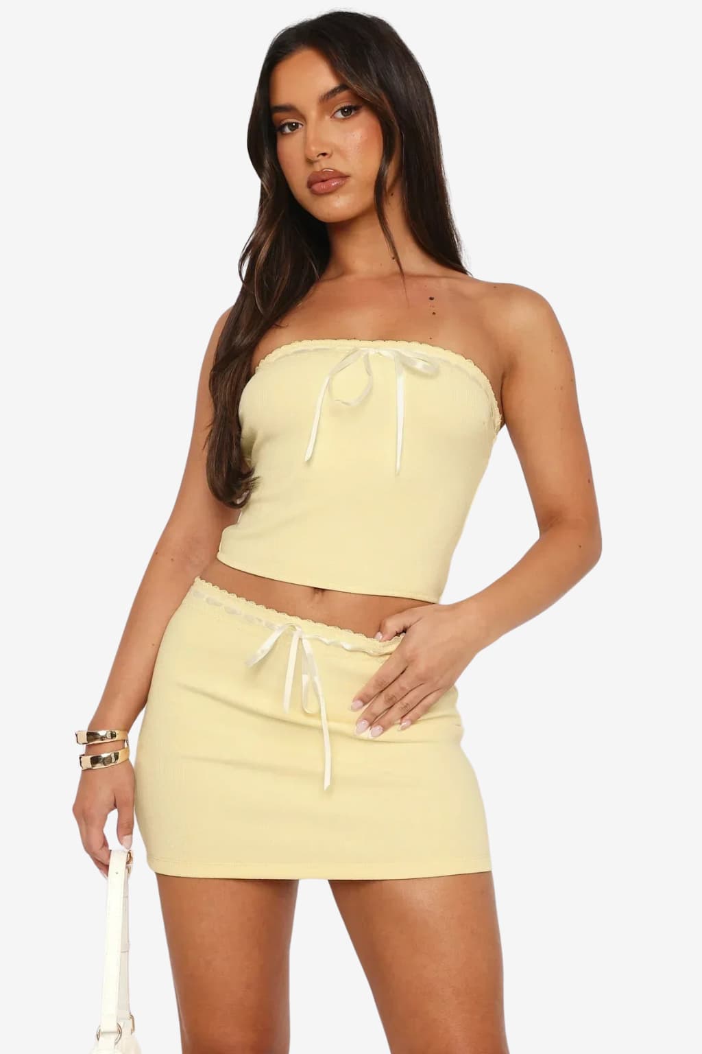 Women’s Ribbed Knit Mini Skirt Set with Lace Trim