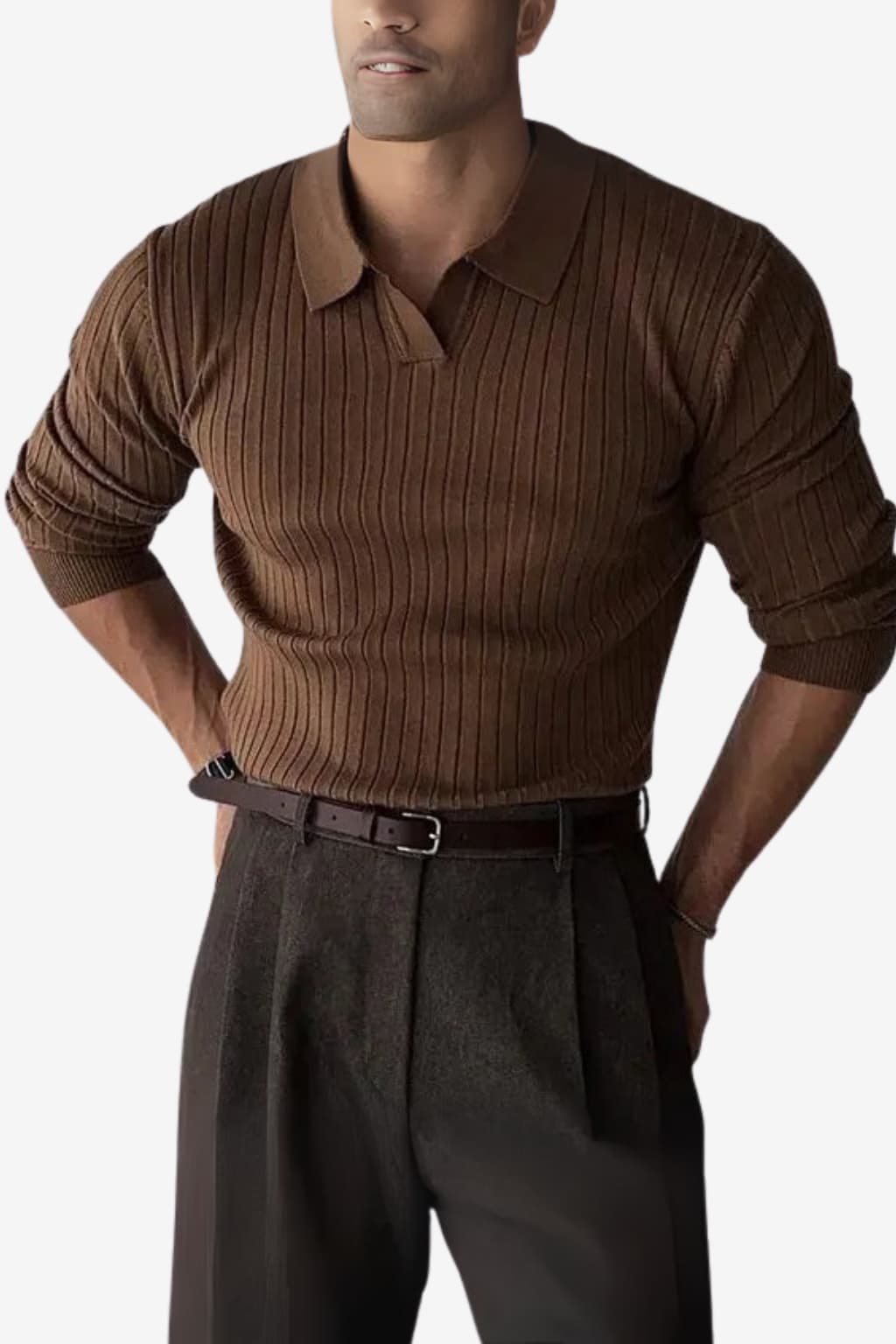 Men’s Long Sleeve Knitted Polo Shirt Ribbed Collar Fit