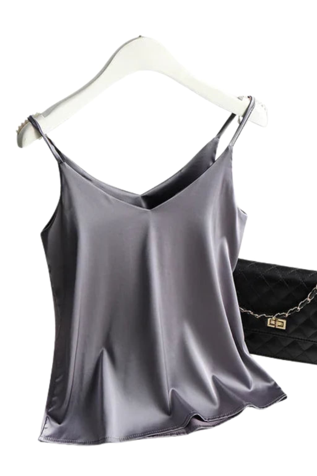 Women’s Satin Cami Top with Spaghetti Straps and V - Neck