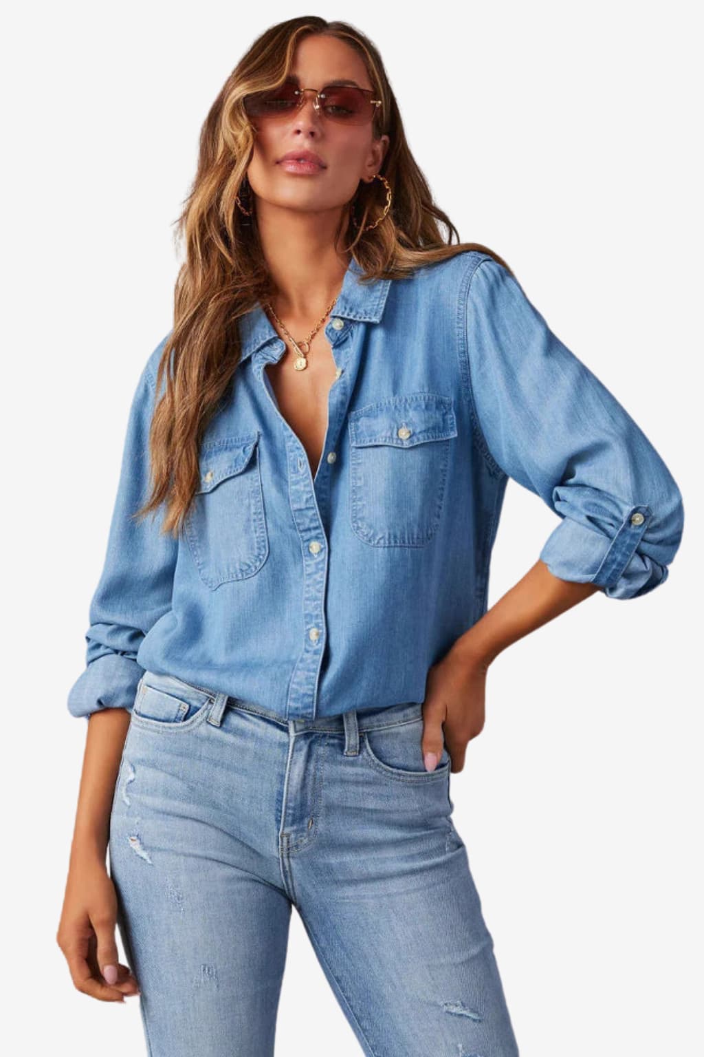 Women's Long Sleeve Denim Shirt Relaxed Fit Button Down