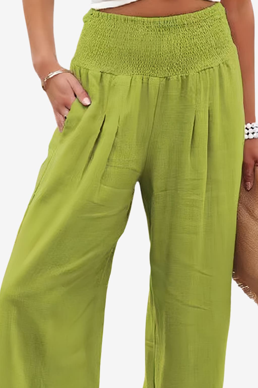 Women’s Wide Leg Linen Trousers - Elastic Waist Summer Fit