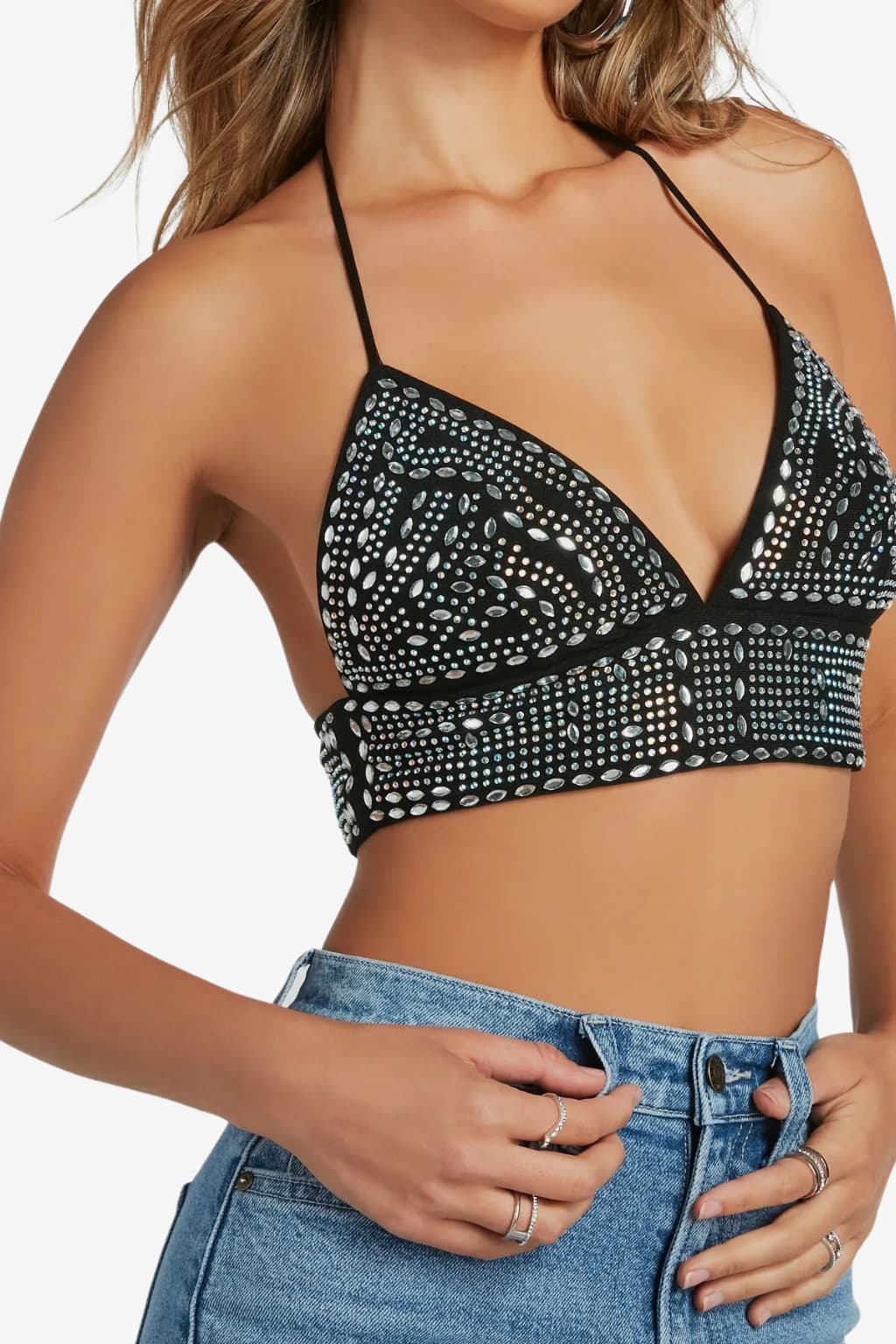 Women's Black Rhinestone Halter Crop Top