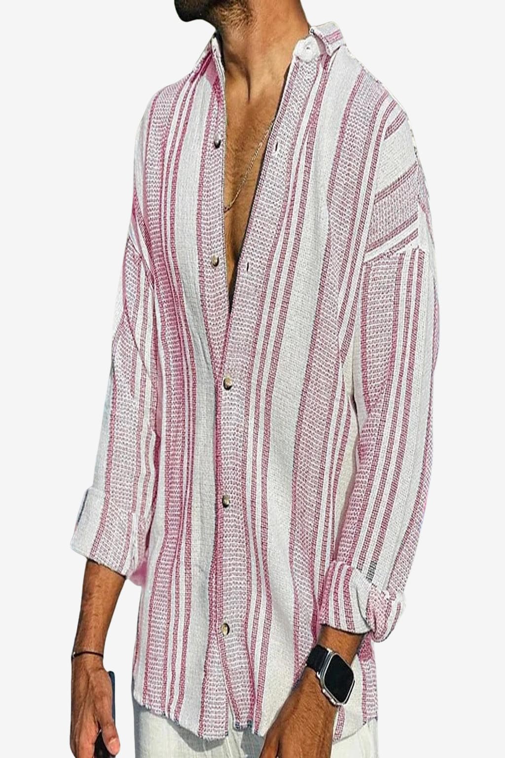 Men’s Striped Long Sleeve Linen Blend Casual Shirt