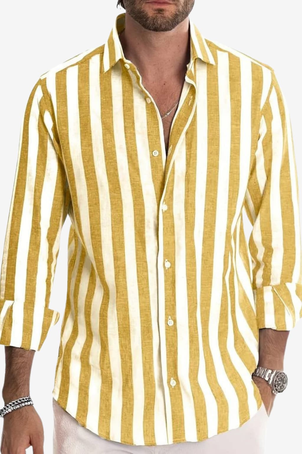 Men’s Long Sleeve Linen Shirt Striped Summer Casual Fit