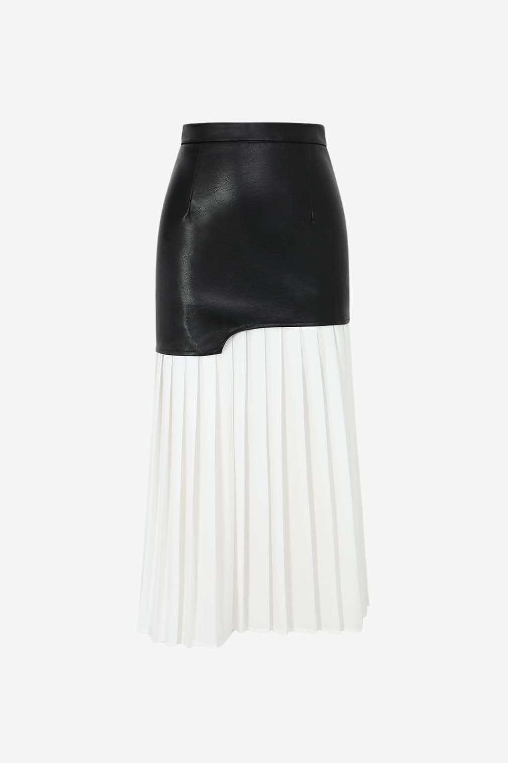 Women's Faux Leather Pleated Midi Skirt Black White High Waist