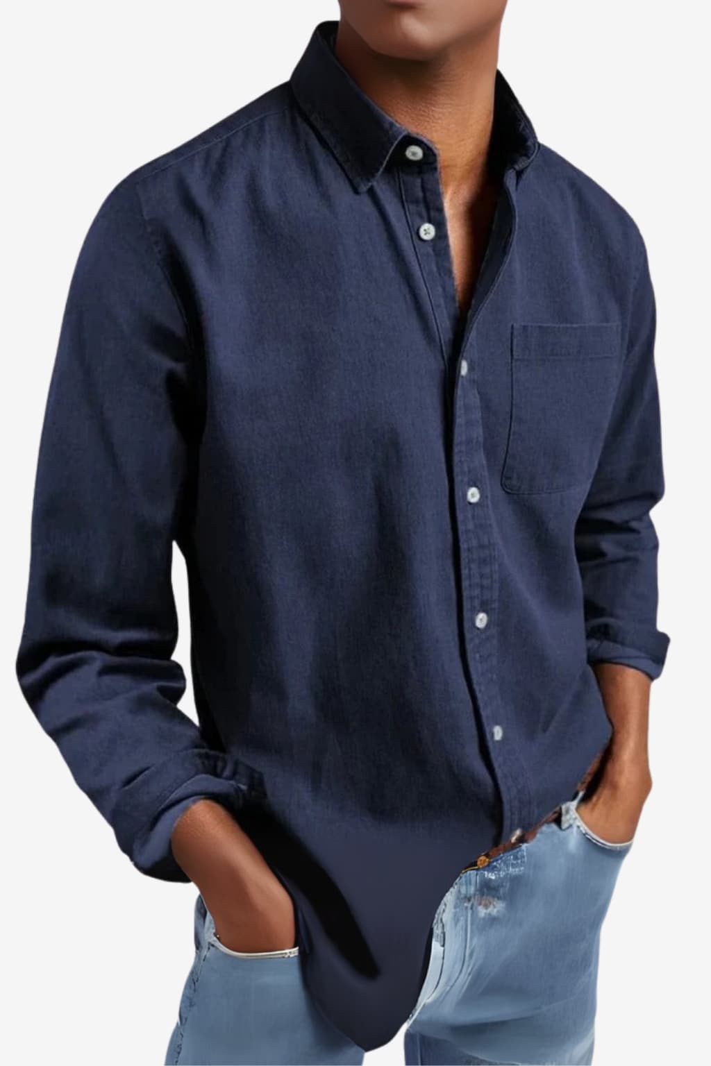 Men’s Long Sleeve Denim Shirt Casual Button-Up Top
