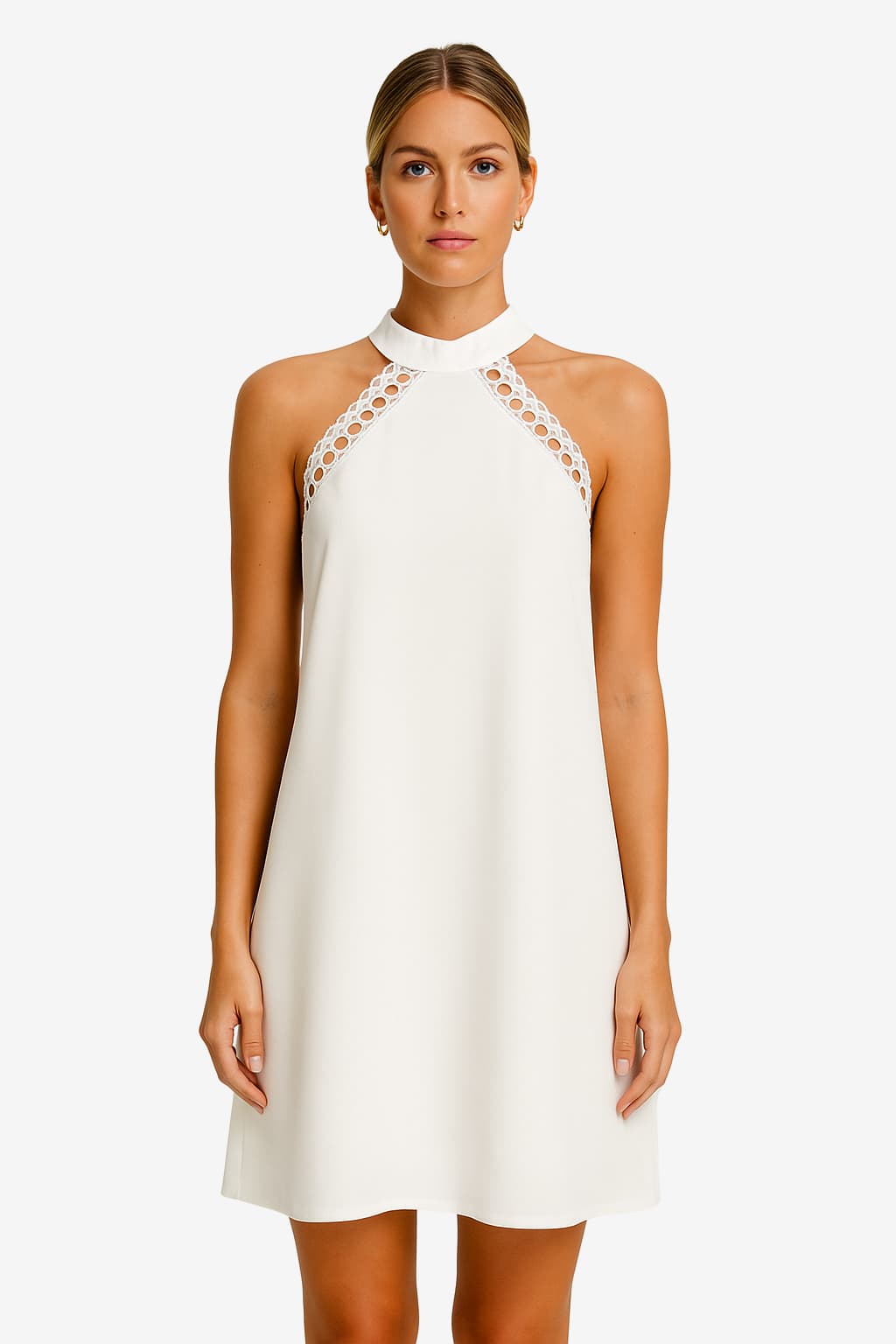 Women’s Backless Halter Mini Dress with Lace Trim