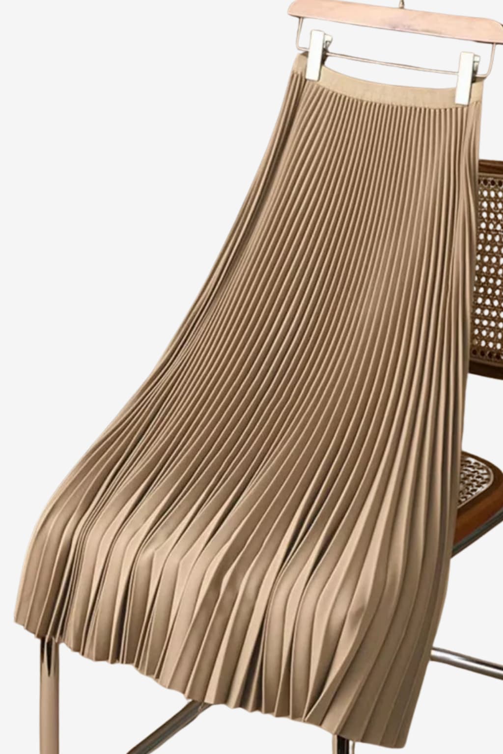 Women’s Pleated Midi Skirt High Waist Beige Elastic