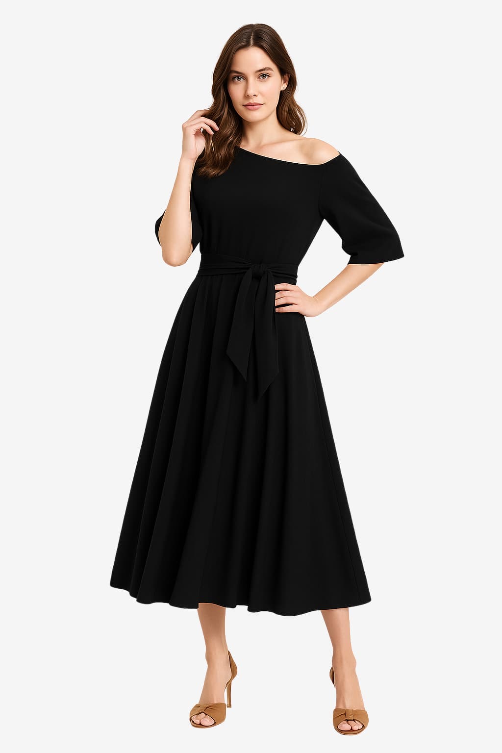 Women’s Off Shoulder Midi Dress Flared Skirt Belted