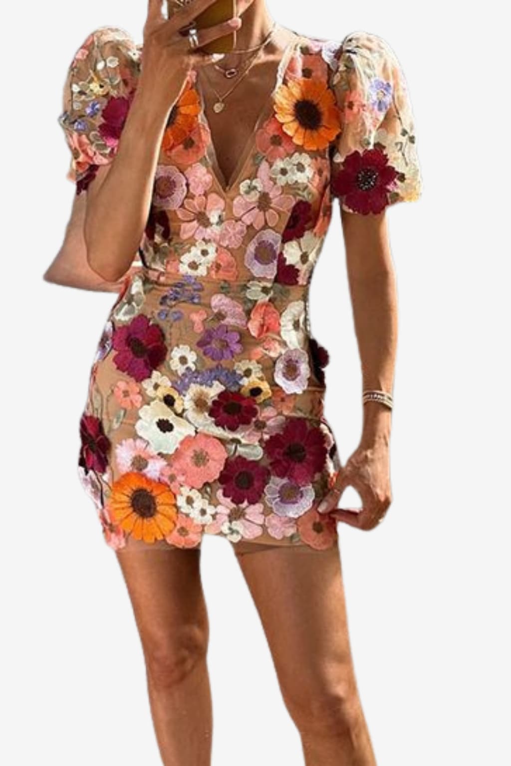 Women’s Puff Sleeve Mini Dress Floral V-Neck Fit