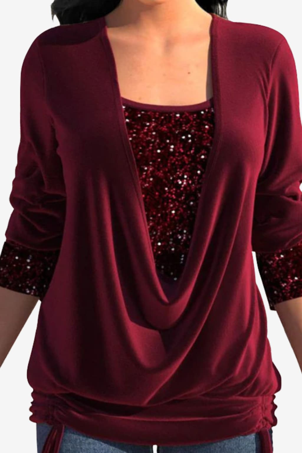 Women's Elegant Sleeve Draped Neckline Sequin Blouse