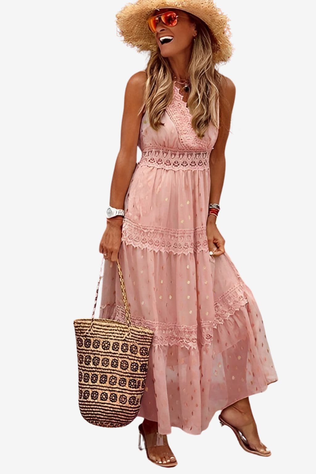 Women’s Sleeveless Boho Maxi Dress with Lace Detail