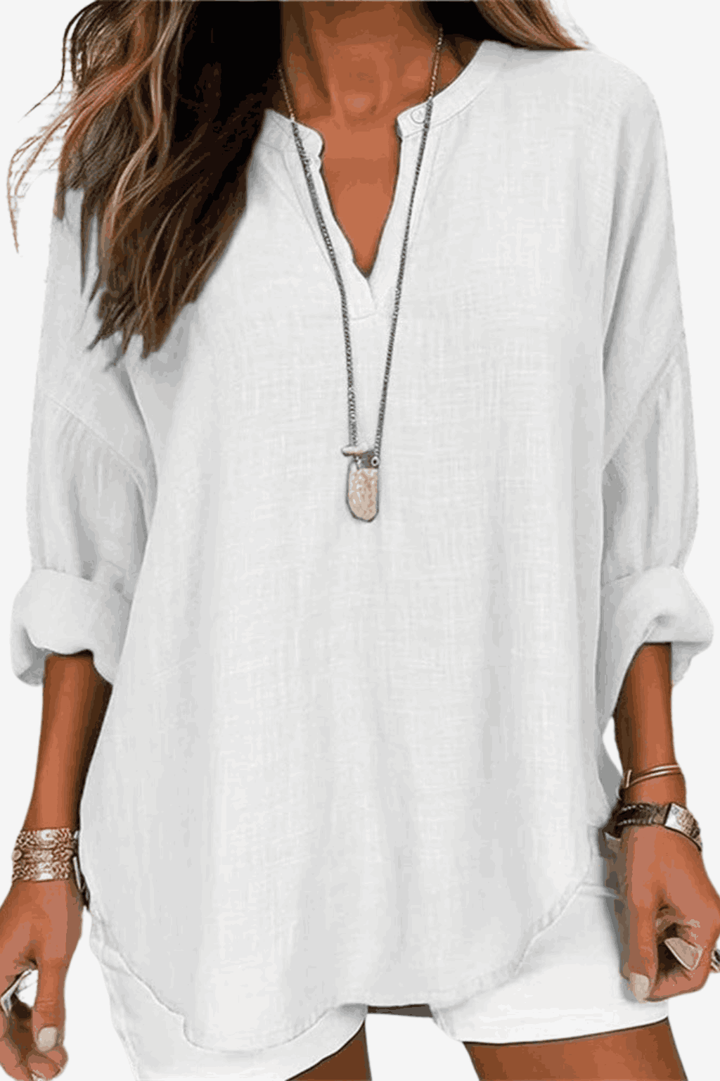 Women's Cotton Linen Long Sleeve Shirt - Relaxed Fit Casual Tunic