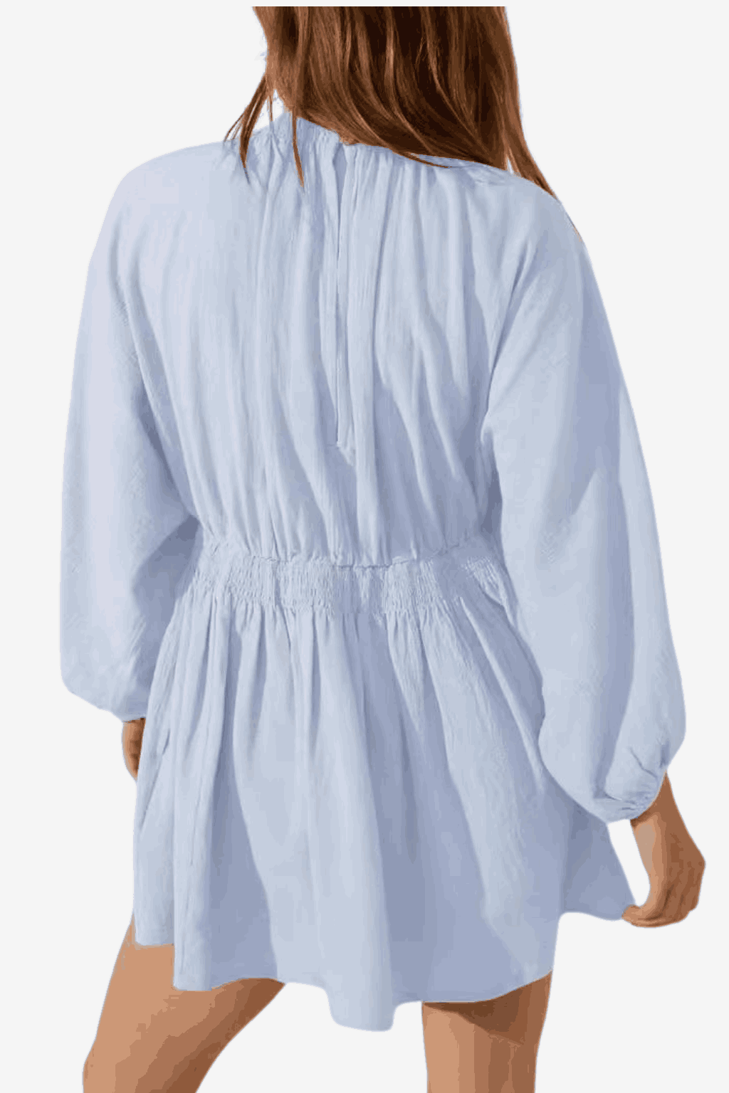 Women's Cotton Linen Short Dress - V-Neck Long Sleeve Relaxed Fit