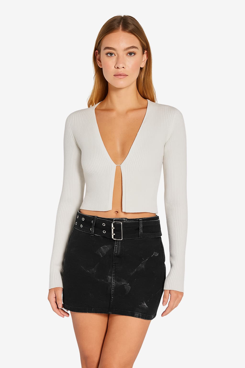 Women’s Black Denim Mini Skirt with Belted Waist