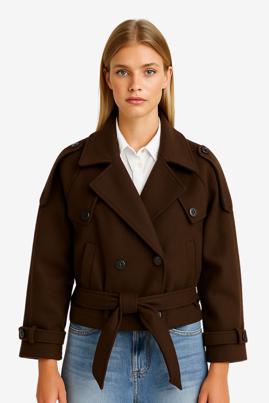 Women’s Brown Wool Blend Coat with Belt and Lapels