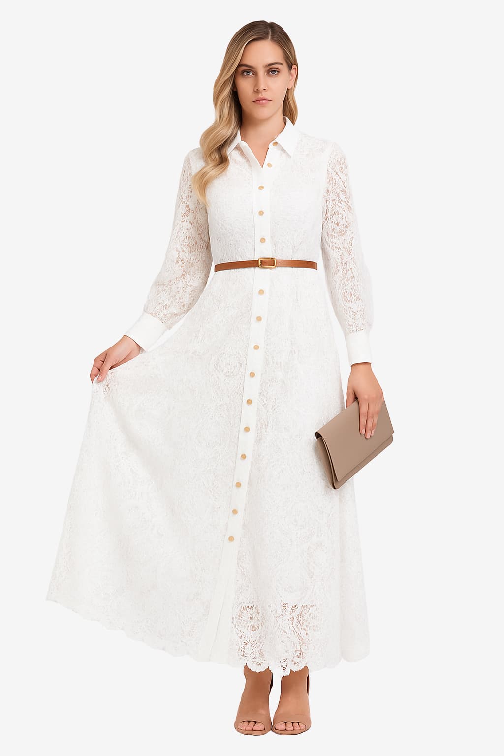 Women’s Long Lace Maxi Dress with Sleeves and Belt