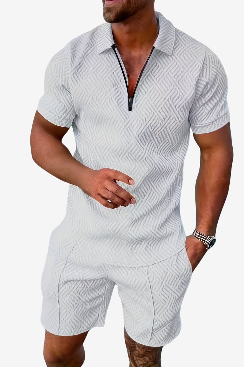 Men’s Summer Short Set Zip-Up Top Geometric Print