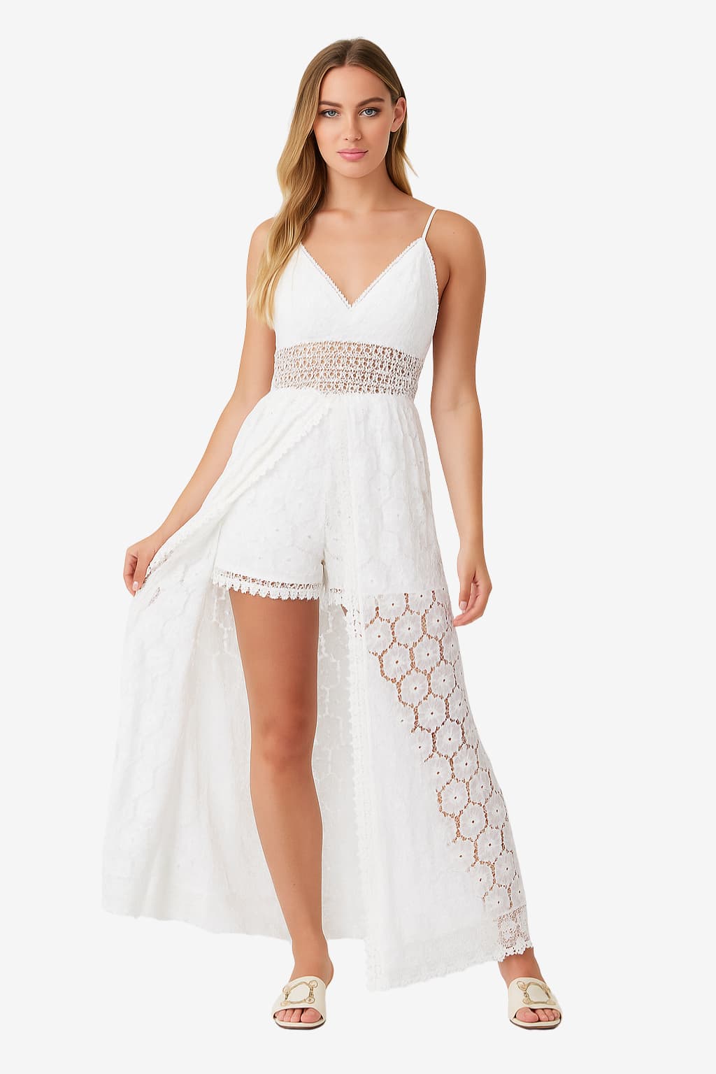 Women’s Lace Maxi Dress with Slit and Spaghetti Straps