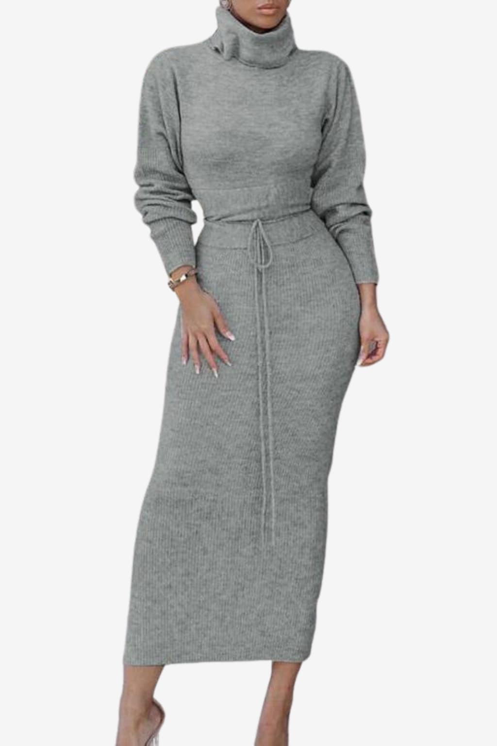 Women's Bodycon Turtle Neck Sweater &amp; Drawstring Skirt Co-ord Set