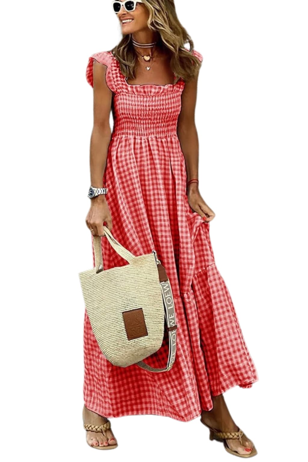 Women’s Check Maxi Dress with Shirred Bodice