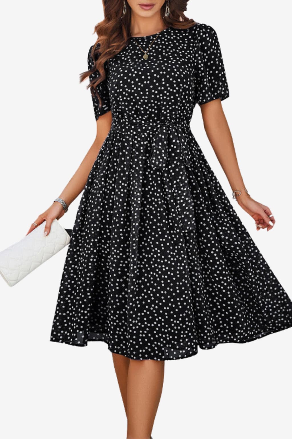 Women’s Polka Dot Midi Dress Short Sleeve Tie Waist