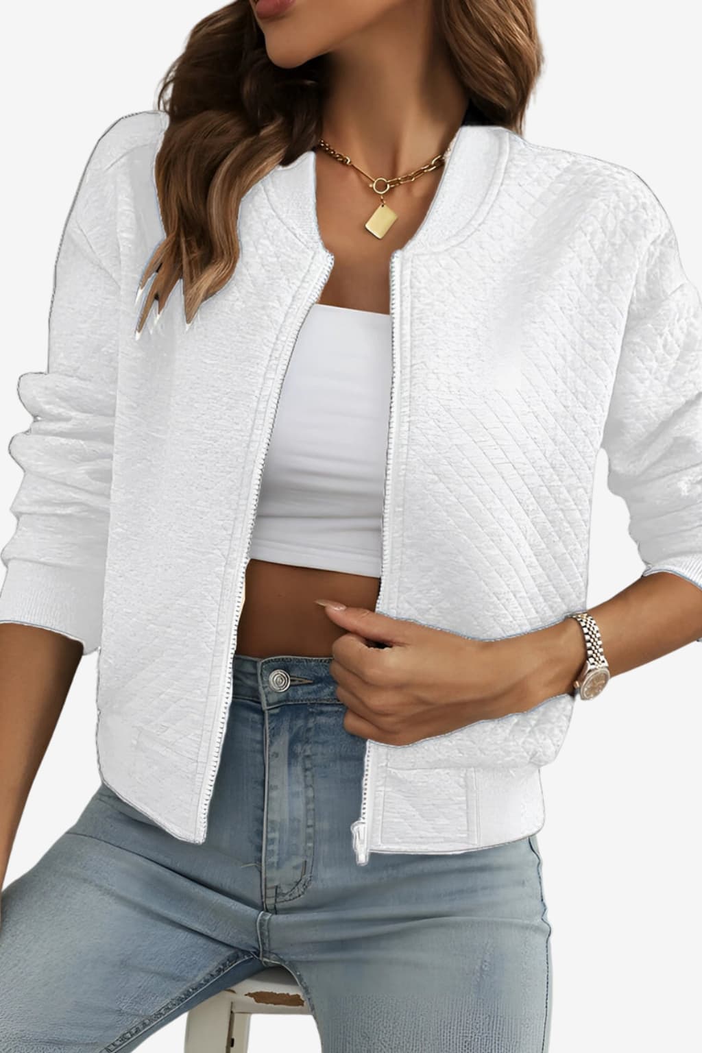 Women’s Quilted Bomber Jacket Lightweight Zip Front