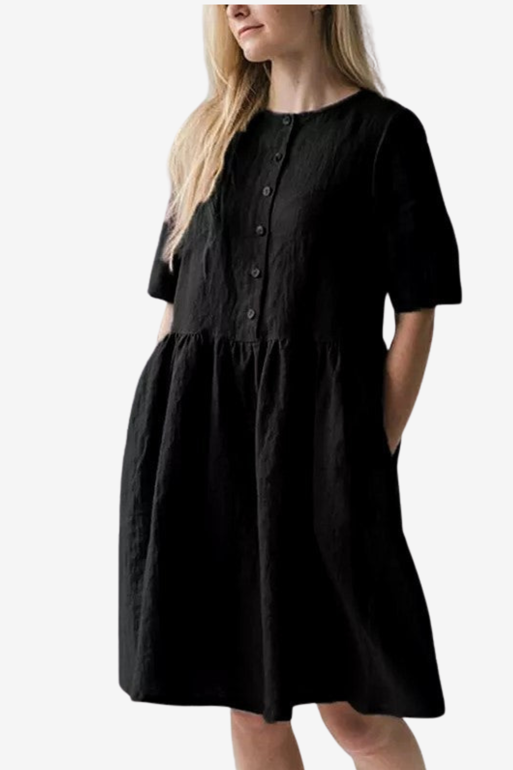 Women's Cotton Linen Midi Dress - Relaxed Fit Short Sleeve with Pockets &amp; Buttons