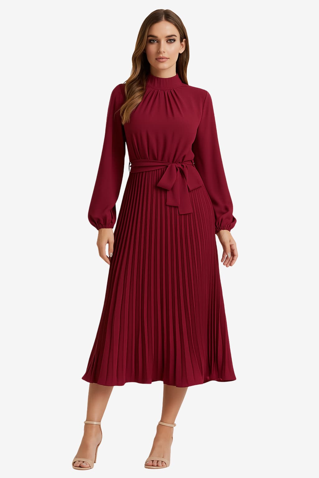 Women’s Long Sleeve Pleated Midi Dress with Belt