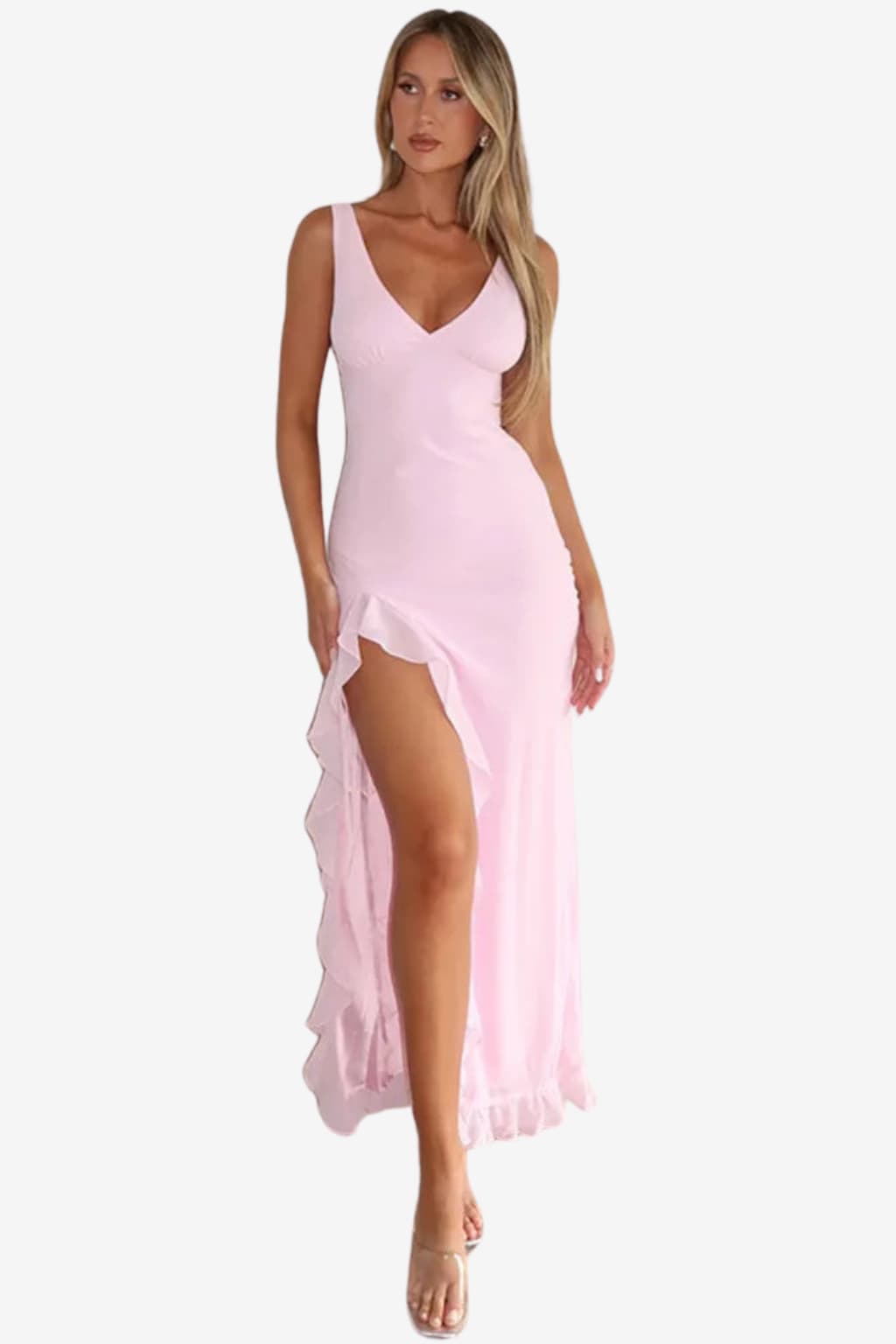 Women’s V-Neck Maxi Dress with Slit and Flounce Hem