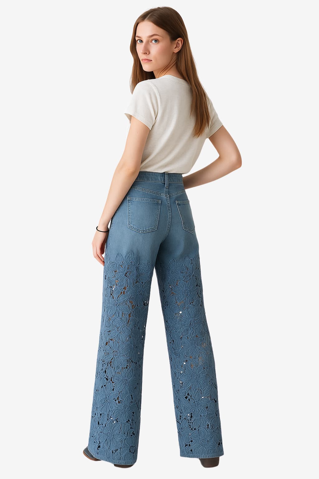 Women’s High Waist Wide Leg Denim Trousers with Lace