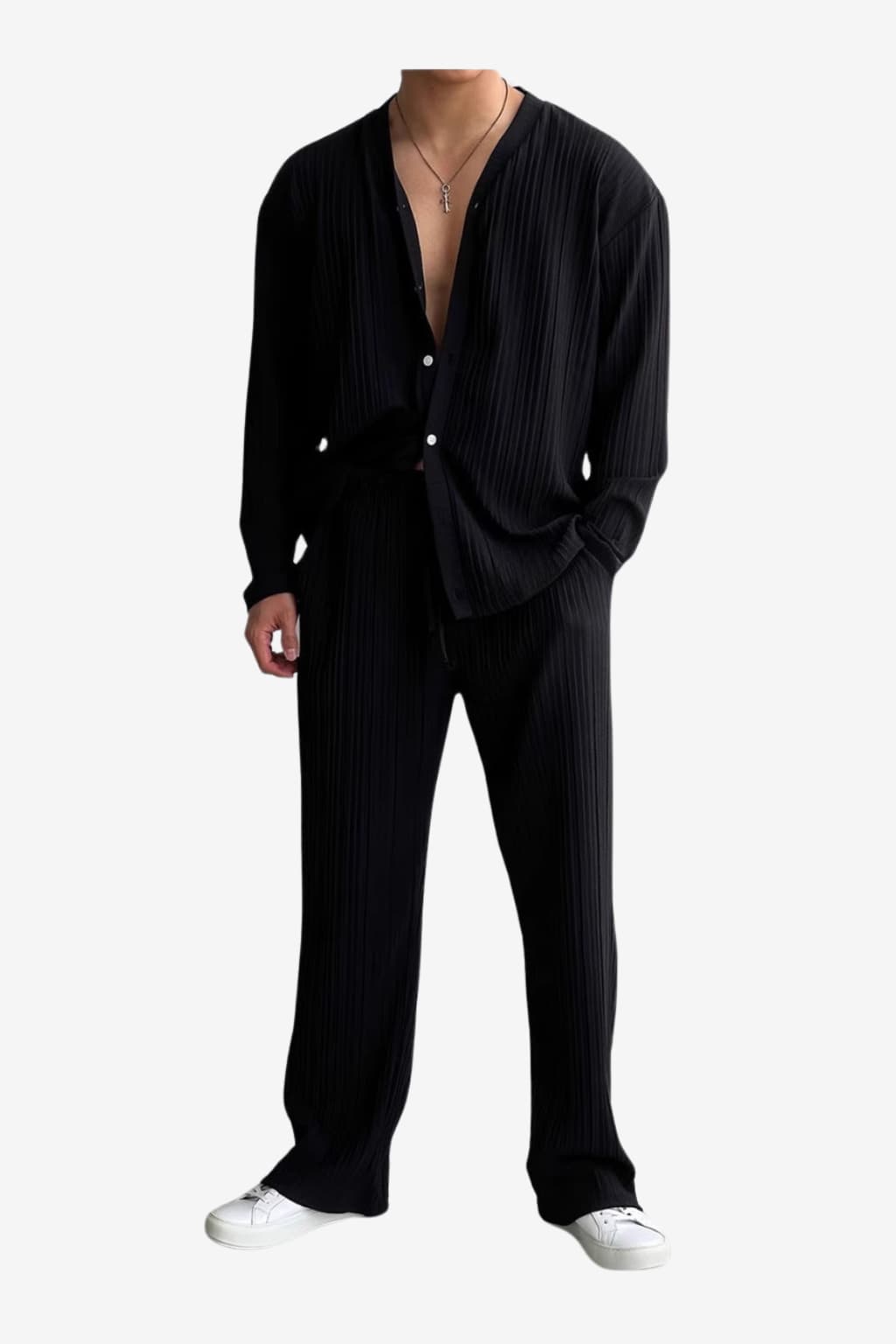 Men's Pleated Lounge Set - Long Sleeve Shirt &amp;Elastic Waist Trousers