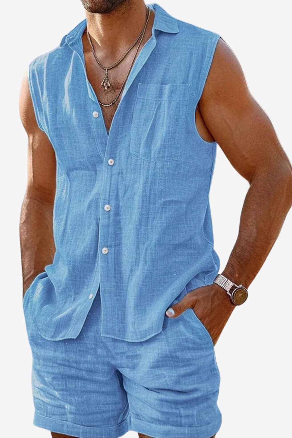 Men’s Sleeveless Cotton Linen Shirt Set Casual Summer