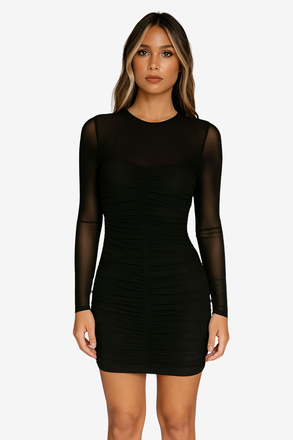 Women’s Black Bodycon Mini Dress Long Mesh Sleeves