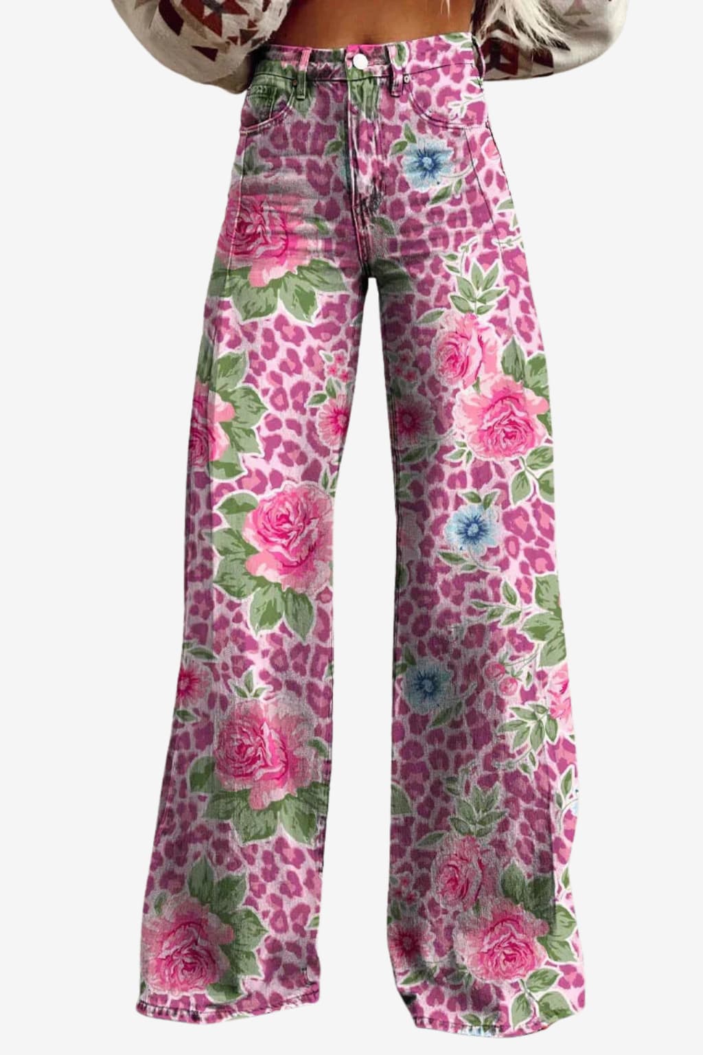 Women's Vintage Daisy Print Wide-Leg Trousers High-Waisted
