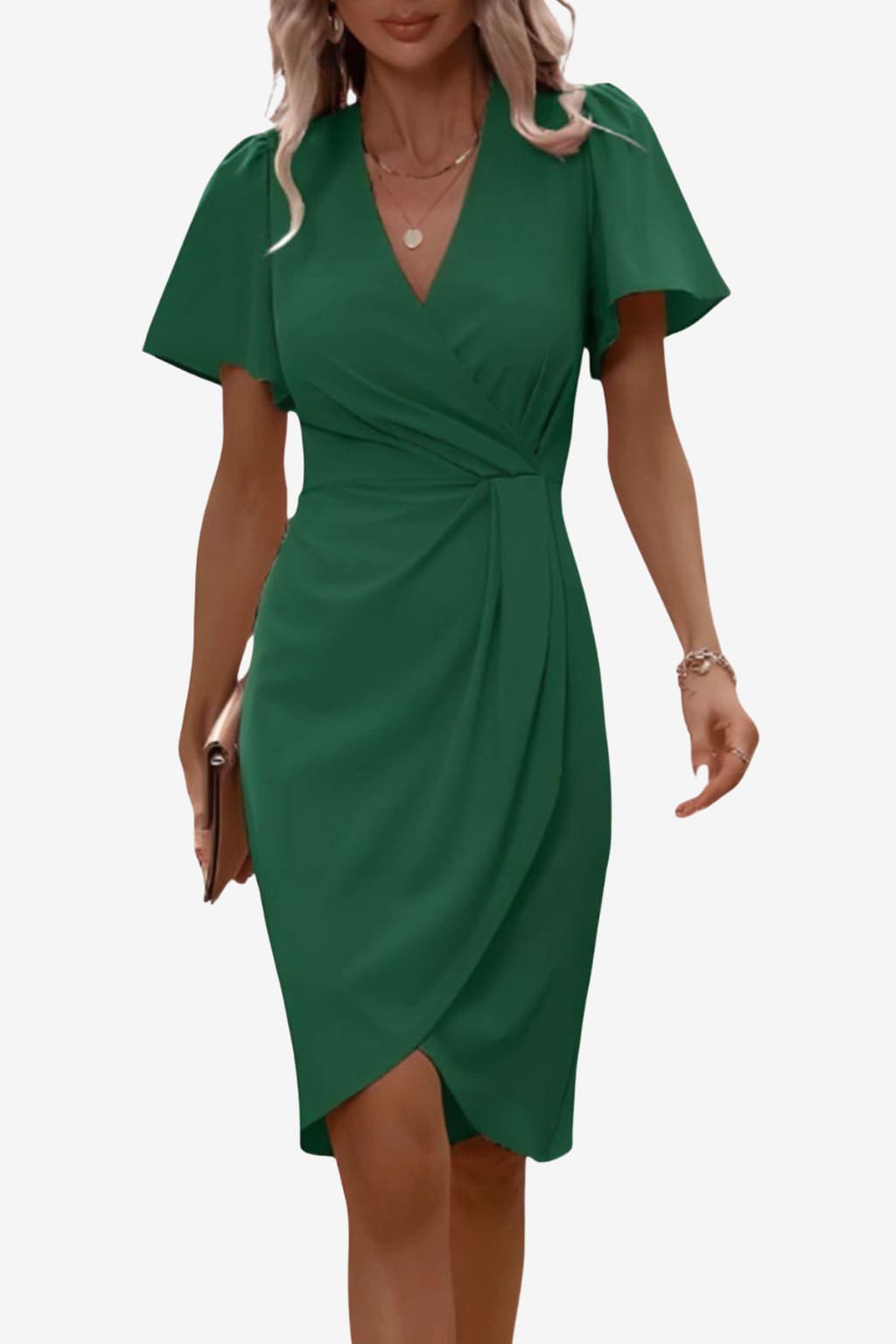 Women's Fitted Wrap Dress V-Neck Flutter Sleeve Midi