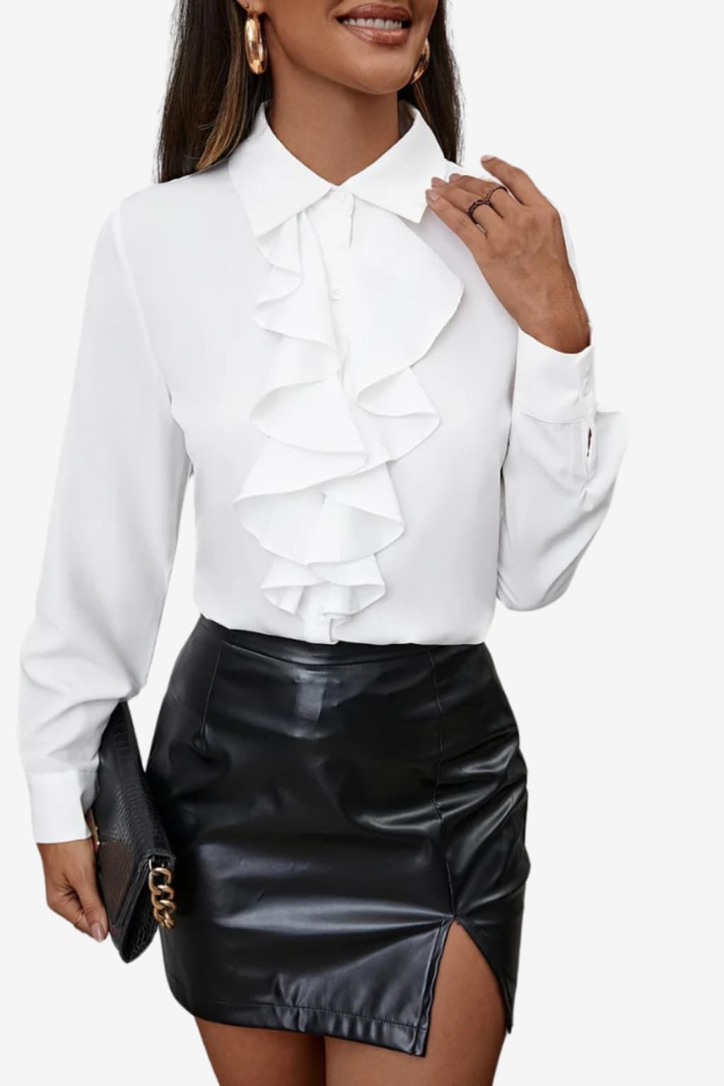 Women's White Ruffled High - Neck Blouse