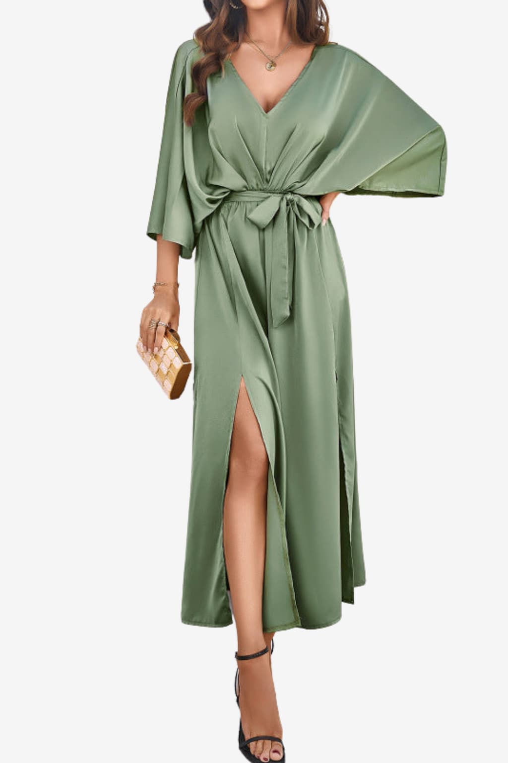 Women's Maxi Dress with V-Neck, Tie Waist, and High Slit
