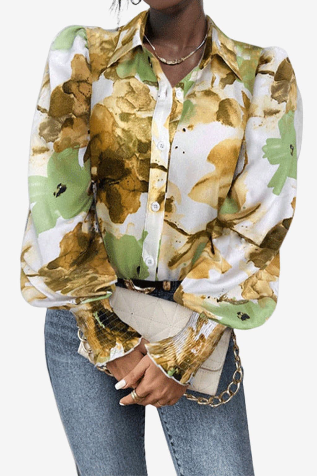 Women’s Floral Button Shirt Puff Sleeve Oversized Fit