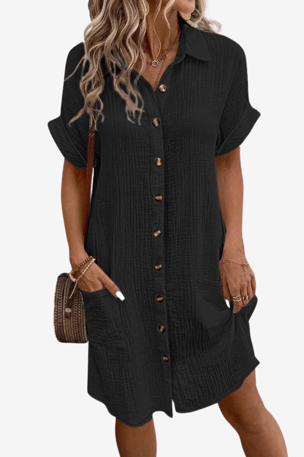 Women's Linen Shirt Dress, Short Sleeve, Button-Down, Knee-Length