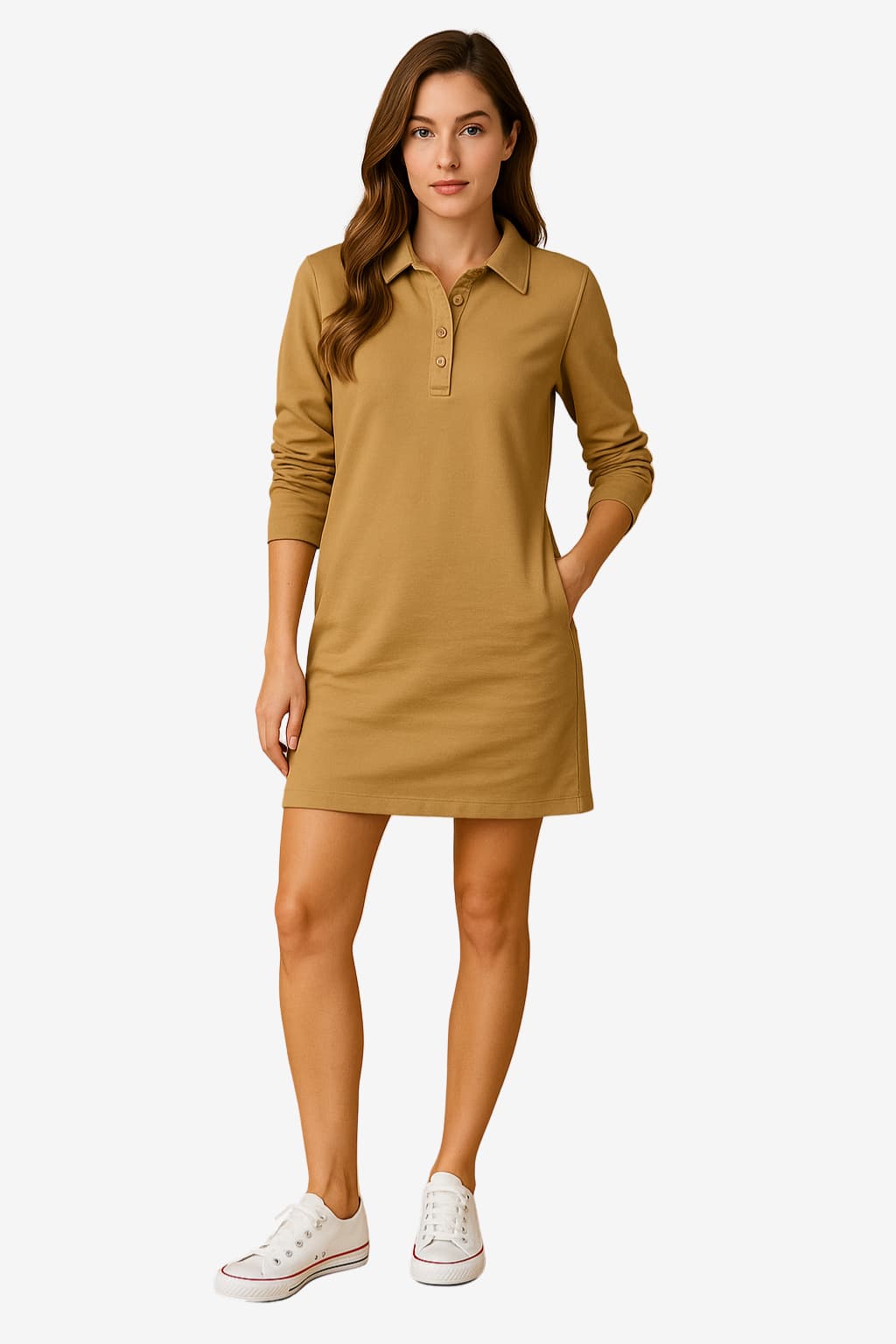Women’s Long Sleeve Shirt Dress Button-Up Knee Length