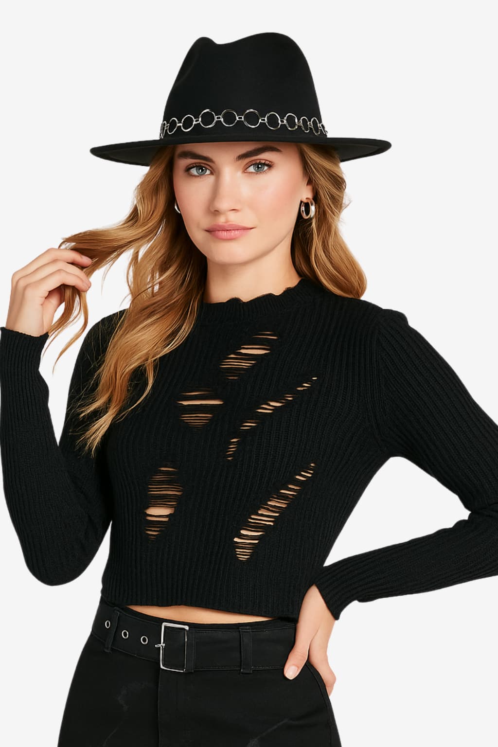 Women’s Wide Brim Fedora Hat with Chain